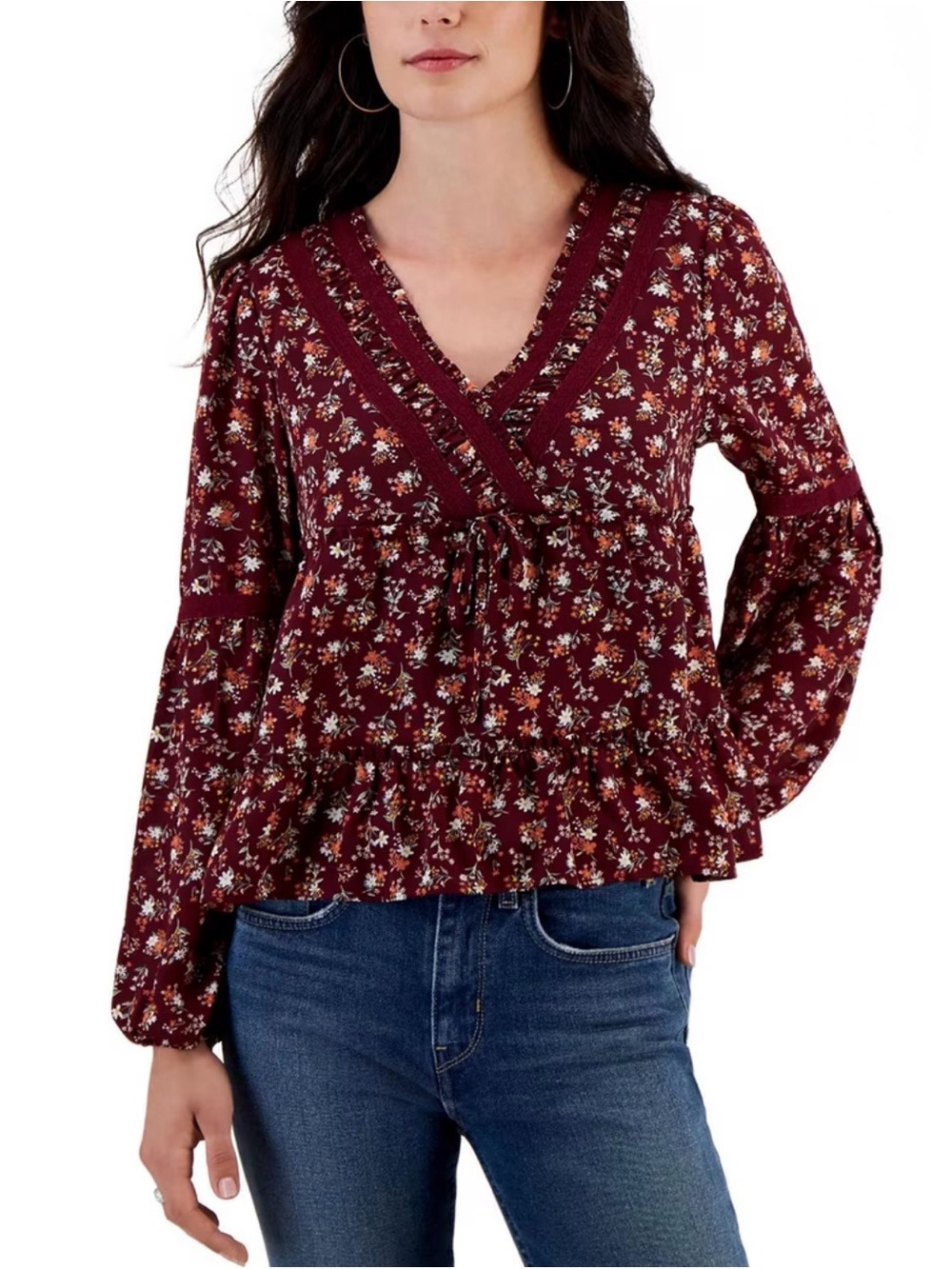 Women's Burgundy Floral Wrap-Peplum Blouse with Tie Front (0019)